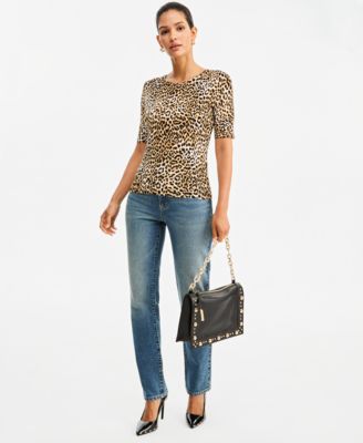 I.N.C. Women's Leopard-Print Fitted Short-Sleeve Crewneck Sweater, Macy's Exclusive