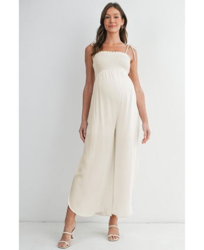Hello Miz Maternity Smocked Wide-Leg Jumpsuit with Tie Shoulders and Side Slit