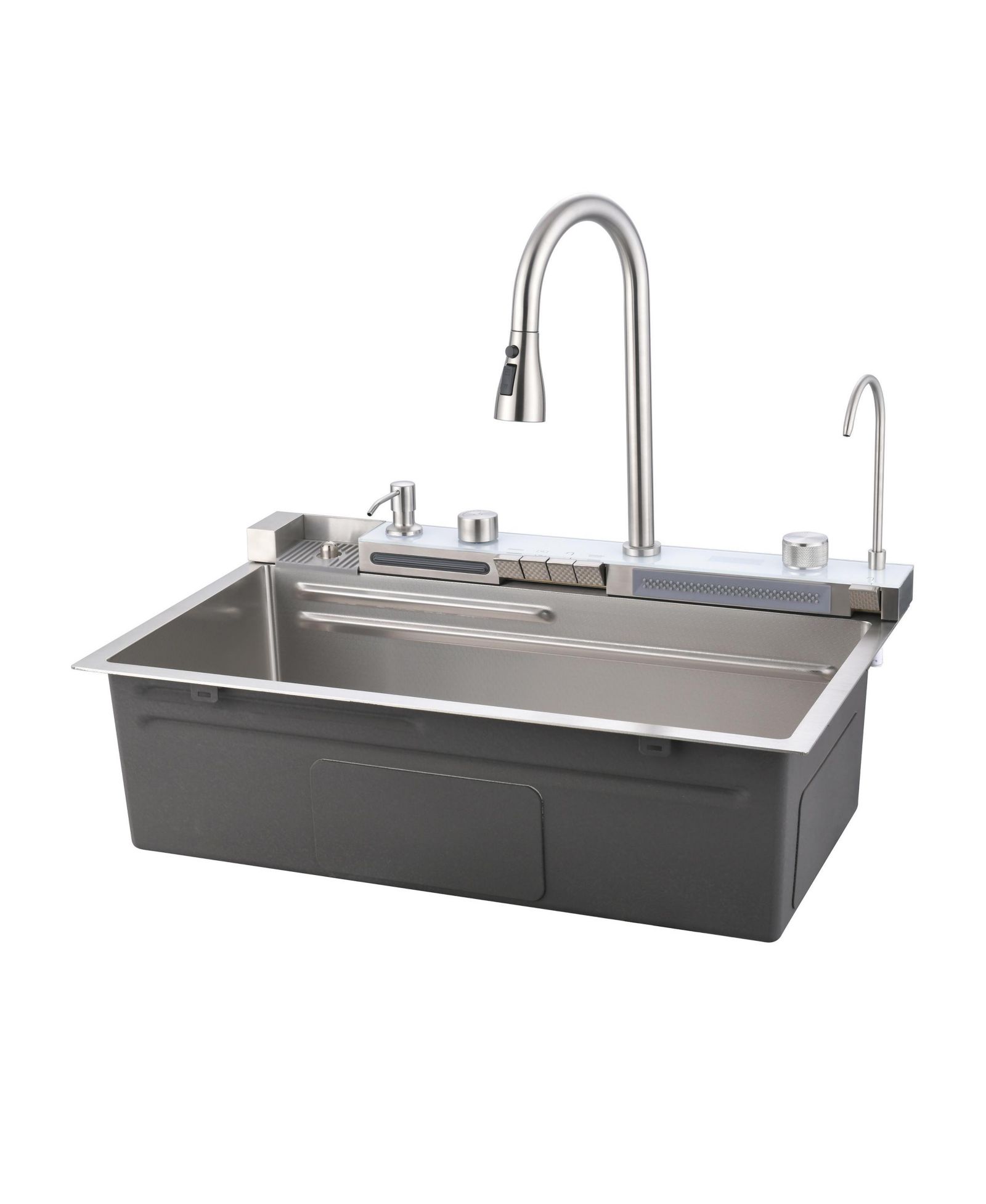 BUSDAYS Single Bowl Kitchen Sink Combo Set 304 Stainless Steel with Pull Out Faucet Whale Waterfall Vegetable Washing Basin