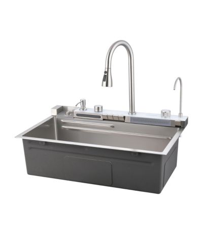 BUSDAYS Single Bowl Kitchen Sink Combo Set 304 Stainless Steel with Pull Out Faucet Whale Waterfall Vegetable Washing Basin