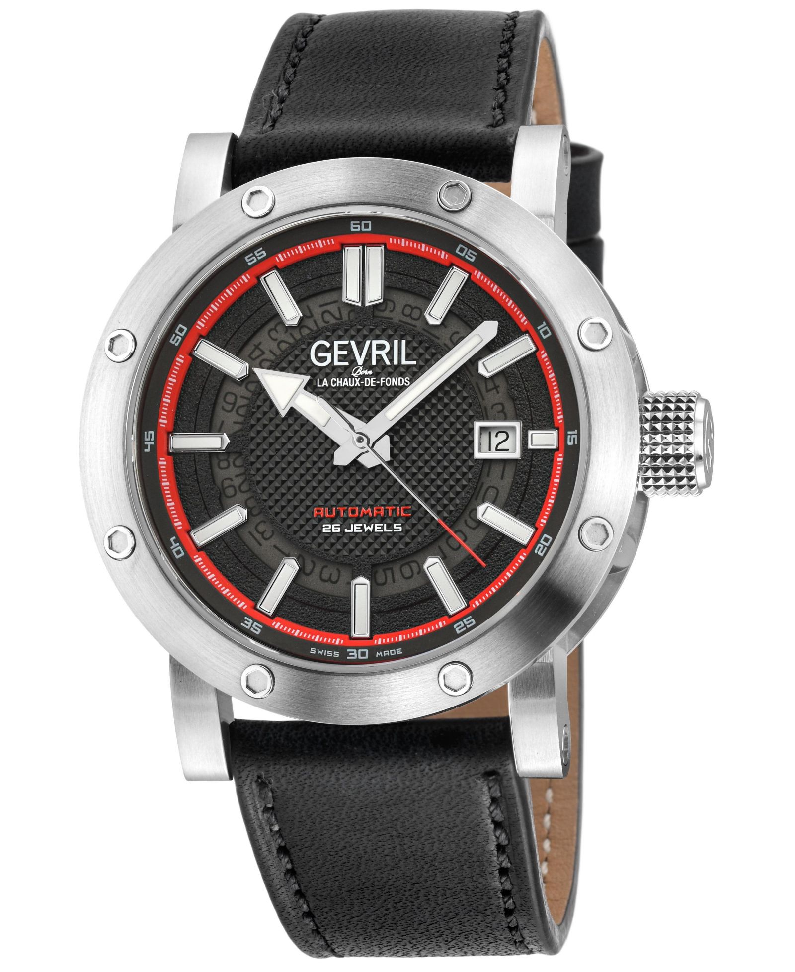 Gevril Men's Flat Iron Swiss Automatic Black Leather Strap Watch