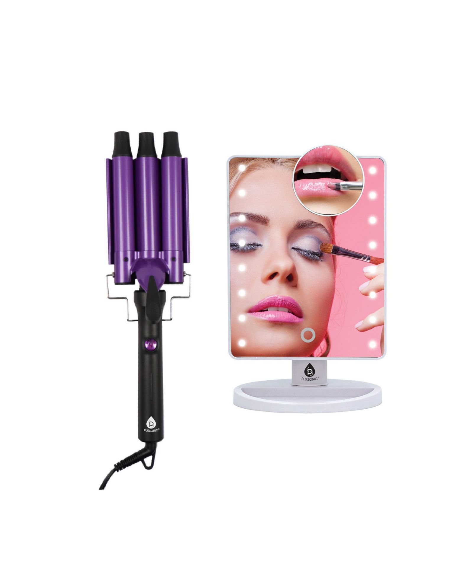 PURSONIC Dimmable LED Vanity Mirror and Triple Barrel Hair Curler: The Ultimate Glow-Up Bundle