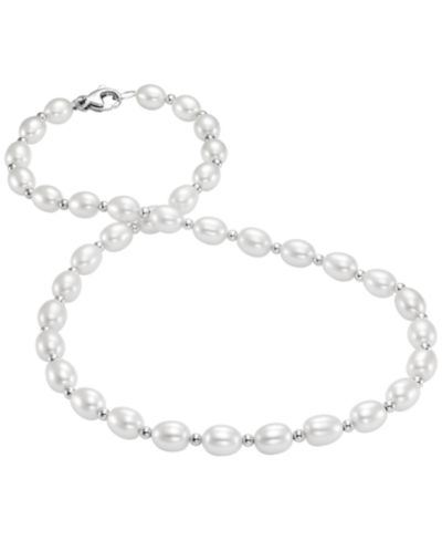 Macy's Cultured Freshwater Pearl (7-8mm) And Bead 18" Necklace In Sterling Silver