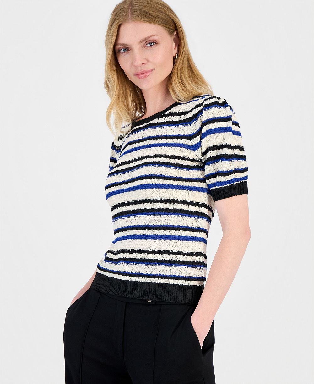 Топ T Tahari Women's Striped Puff-Sleeve Pointelle-Knit