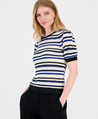 T Tahari Women's Striped Puff-Sleeve Pointelle-Knit Top