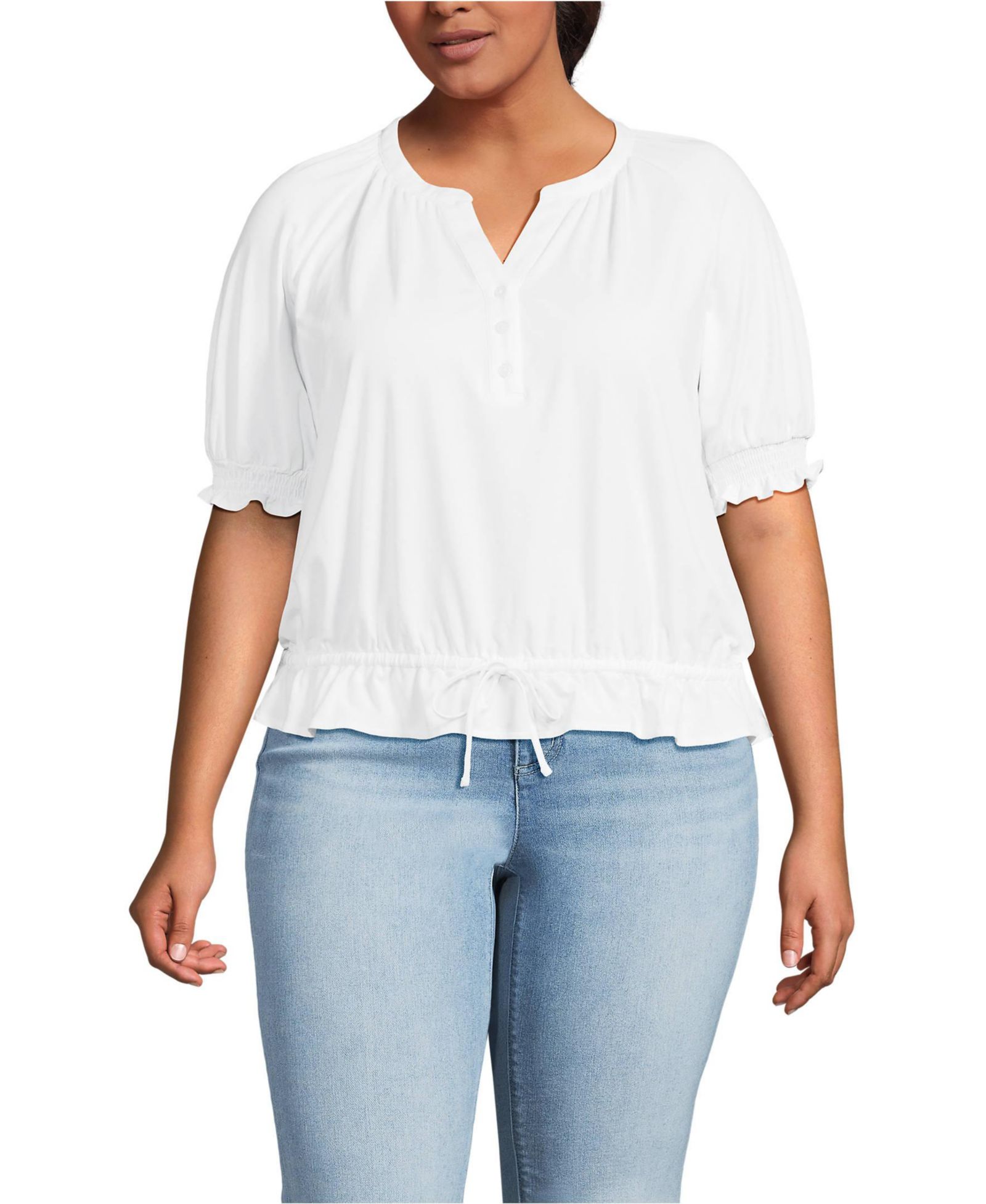 Lands' End Plus Size Elbow Sleeve Lightweight Jersey Gathered Adjustable Hem Blouse