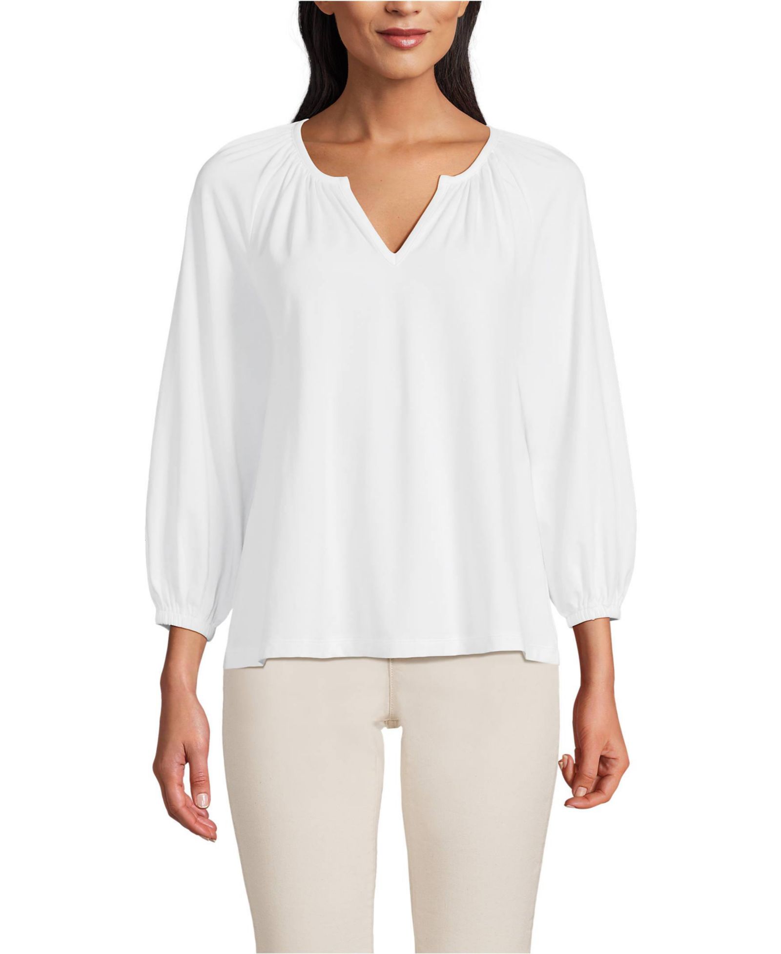 Lands' End Women's Lightweight Jersey 3/4 Sleeve Notch Neck Gather Blouse
