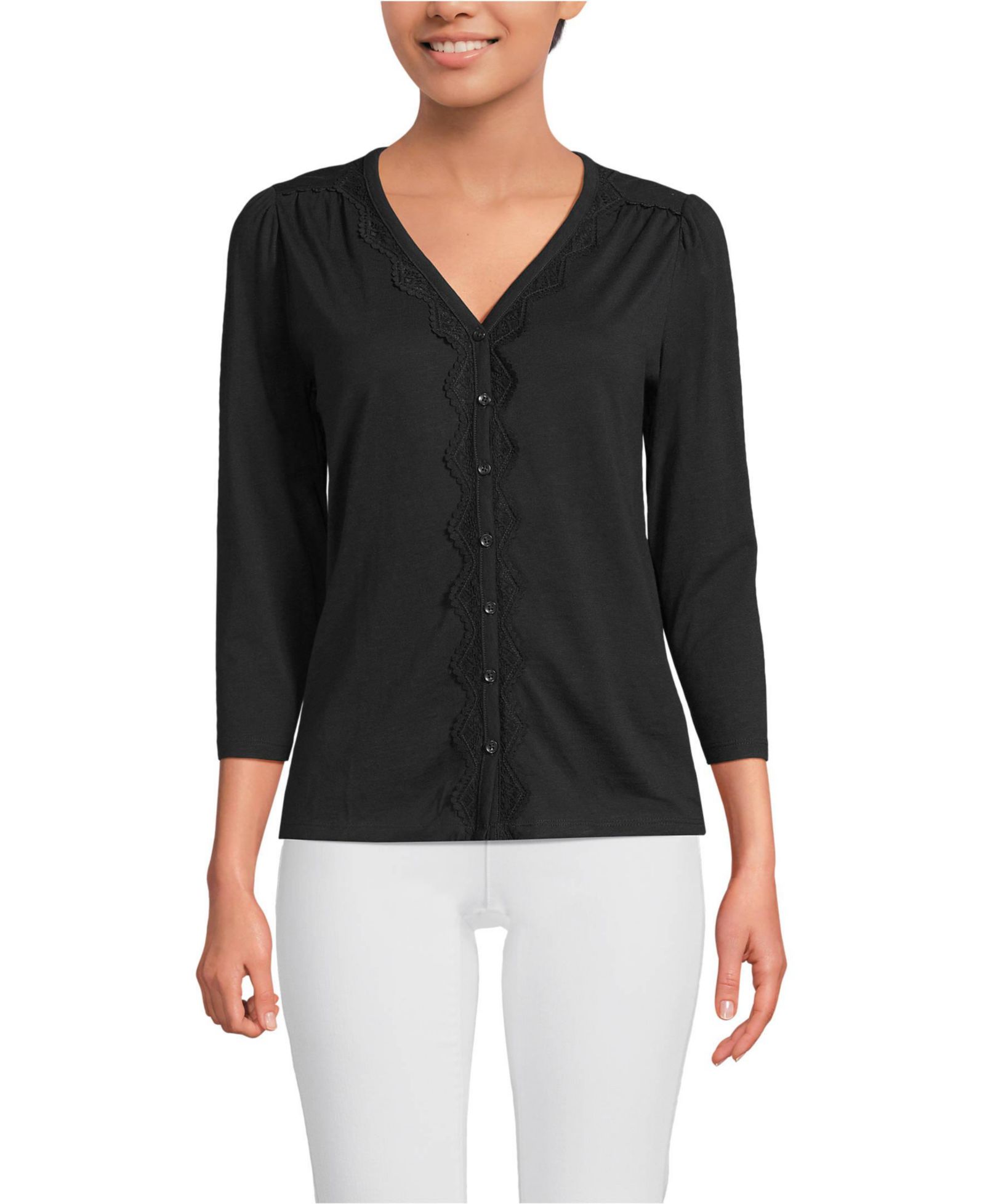 Женский топ Lands' End 3/4 Sleeve Slub V-neck Lace Trim
