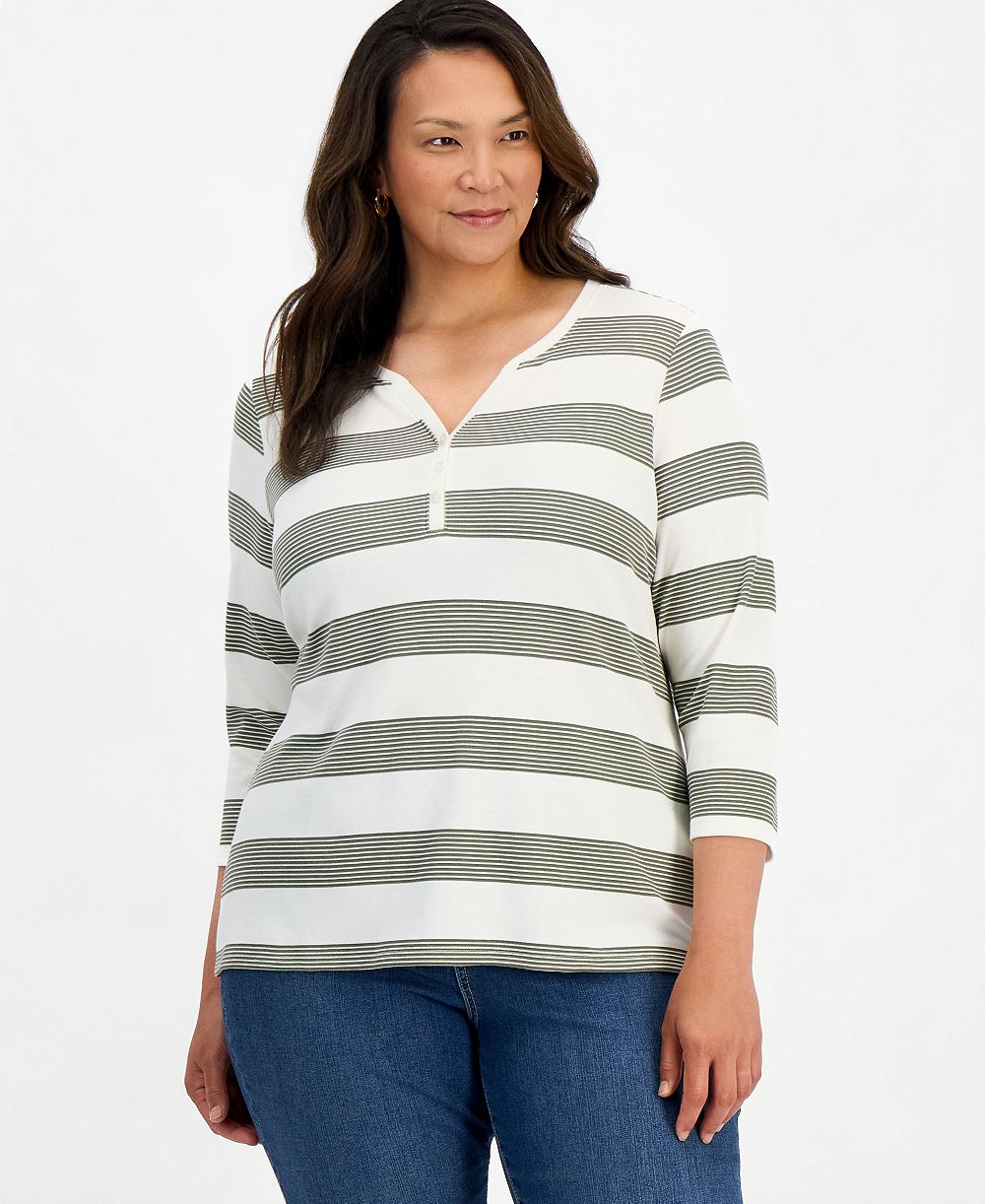Топ Style & Co Plus Size Striped 3/4-Sleeve Henley