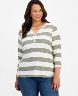 Style & Co Plus Printed 3/4-Sleeve Henley Top, Macy's Exclusive