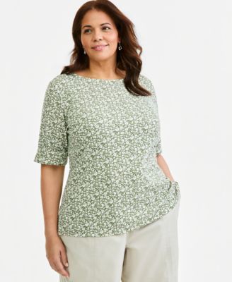 Style & Co Plus Printed Boat-Neck Elbow Sleeve Top, Macy's Exclusive