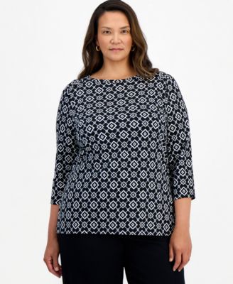 Style & Co Plus Printed Pima Cotton 3/4-Sleeve Boat Neck Top, Macy's Exclusive