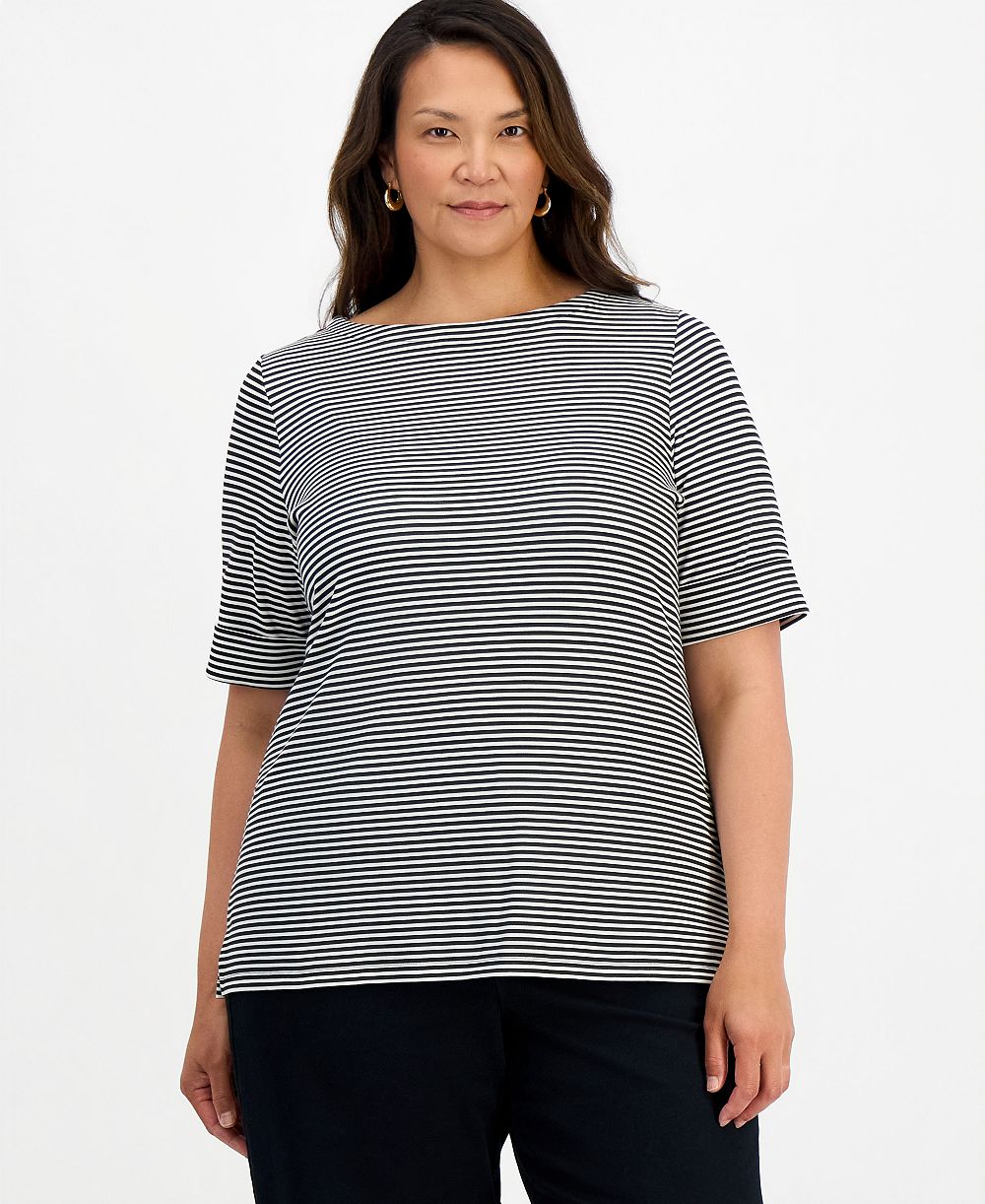 Style & Co Plus Size Топ с вырезом лодочкой и полосатым рукавом Elbow Feeder Stripe