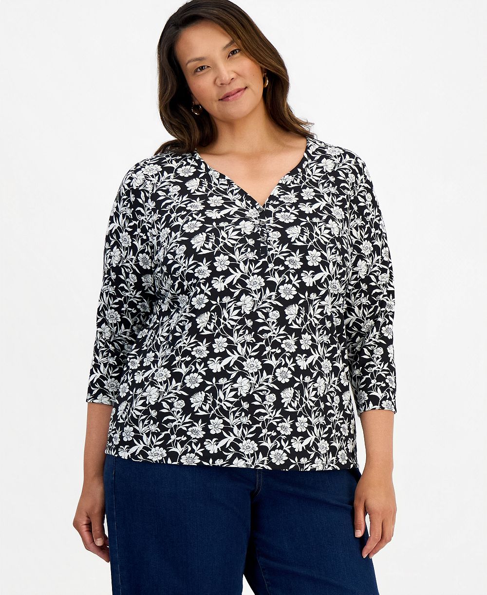 Женский топ Style & Co Plus Size Printed 3/4-Sleeve Henley