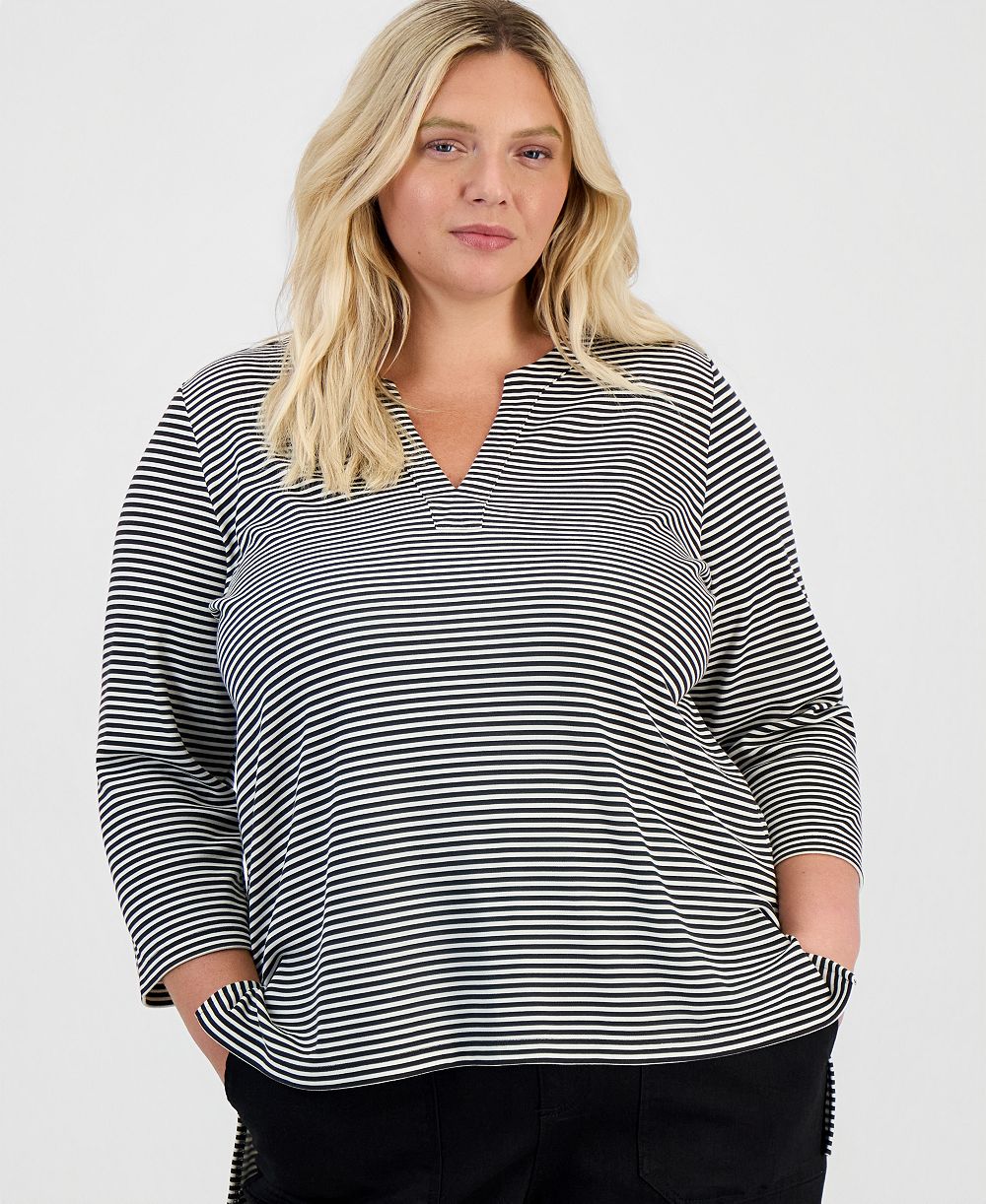 Style & Co Plus Size Striped 3/4-Sleeve Split-Neck Tunic, Macy's Exclusive