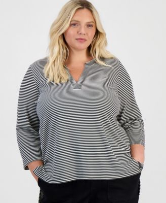 Style & Co Plus Size Striped 3/4-Sleeve Split-Neck Tunic, Macy's Exclusive