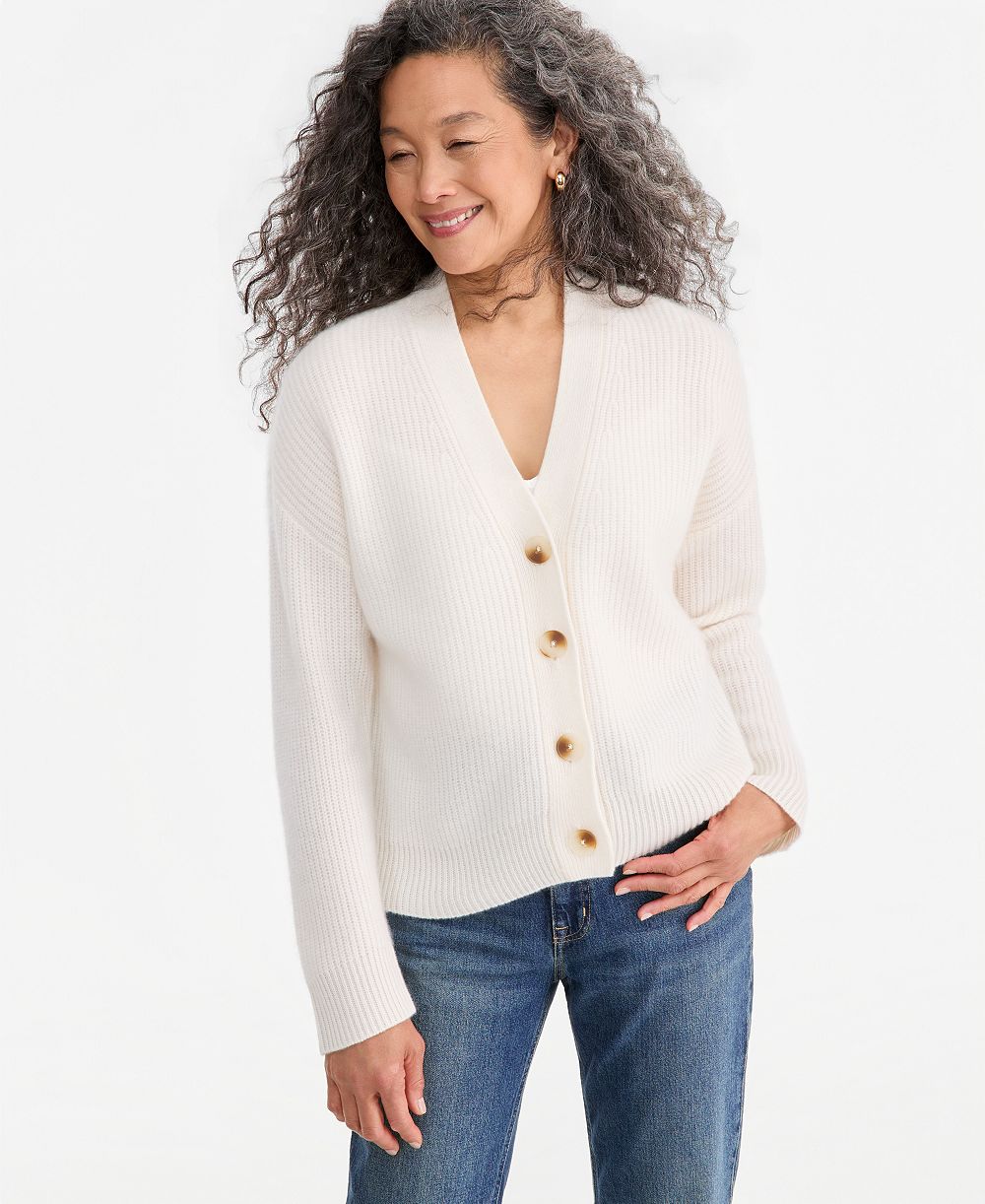 Charter Club Women's 100% Cashmere Shaker Stitch V-Neck Cardigan Sweater, Macy's Exclusive