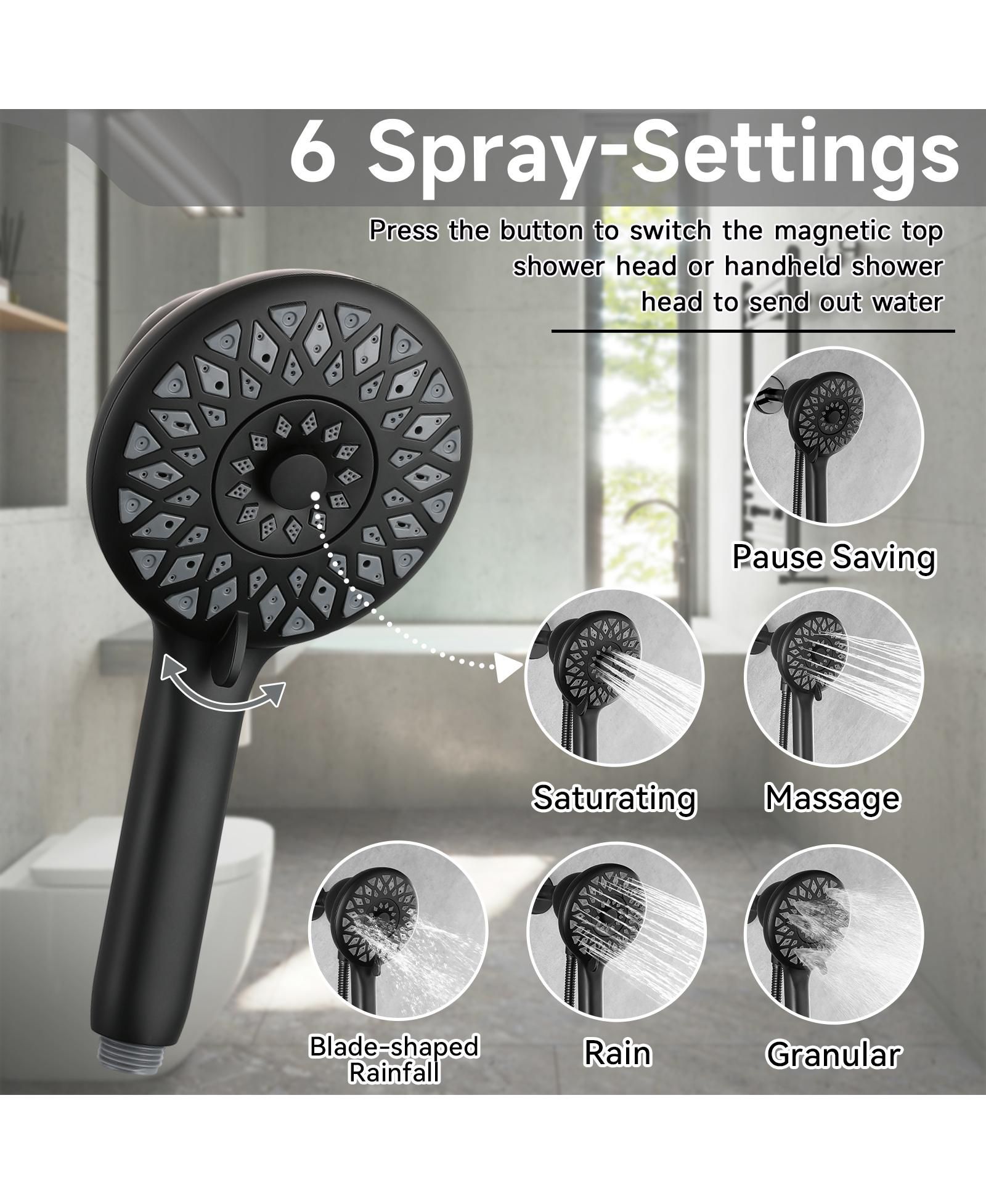 BUSDAYS High Pressure Shower Heads 6 Spray Mode, Magnetic Shower Head for Bathroom, Handheld Shower with Stainless Steel Hose