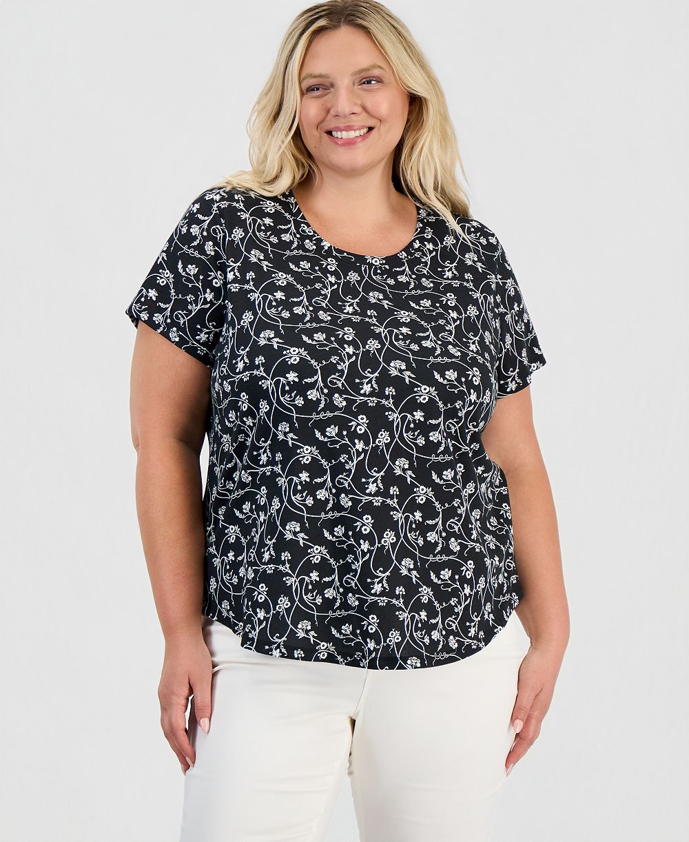 Style & Co Plus Printed Short-Sleeve Crewneck Tee, Macy's Exclusive