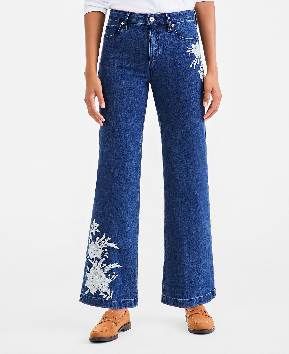 Style & Co Petite Freya High-Rise Wide-Leg Floral-Embroidered Jeans, Macy's Exclusive