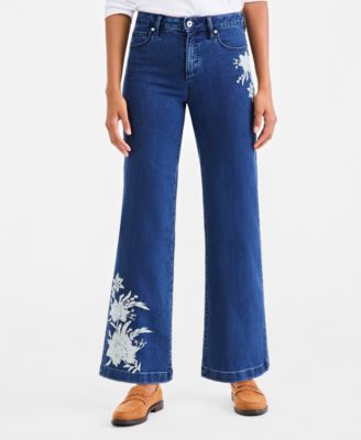 Style & Co Petite Freya High-Rise Wide-Leg Floral-Embroidered Jeans, Macy's Exclusive