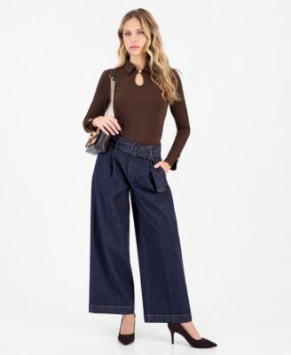 I.N.C. International Concepts Petite High-Rise Wide-Leg Belted Jeans, Macy's Exclusive