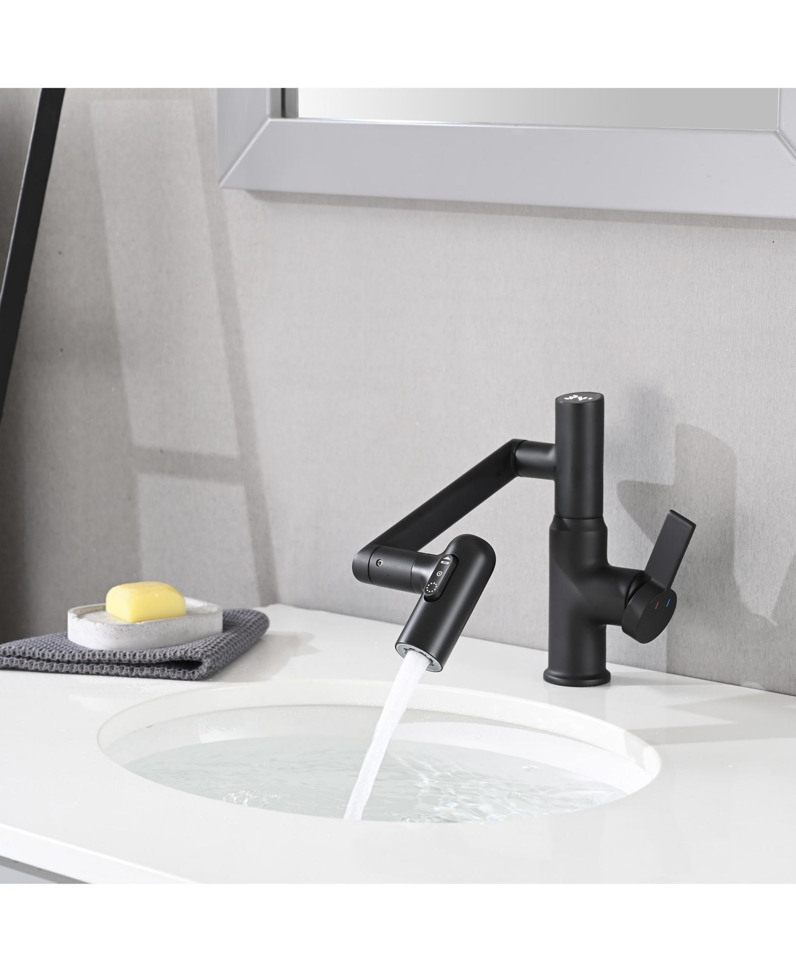 BUSDAYS Bathroom Sink Faucet with Spray Function, Temperature Display, Anti-Slip Switch, Hot and Cold Controls, and 360degree(s) Swivel Spout