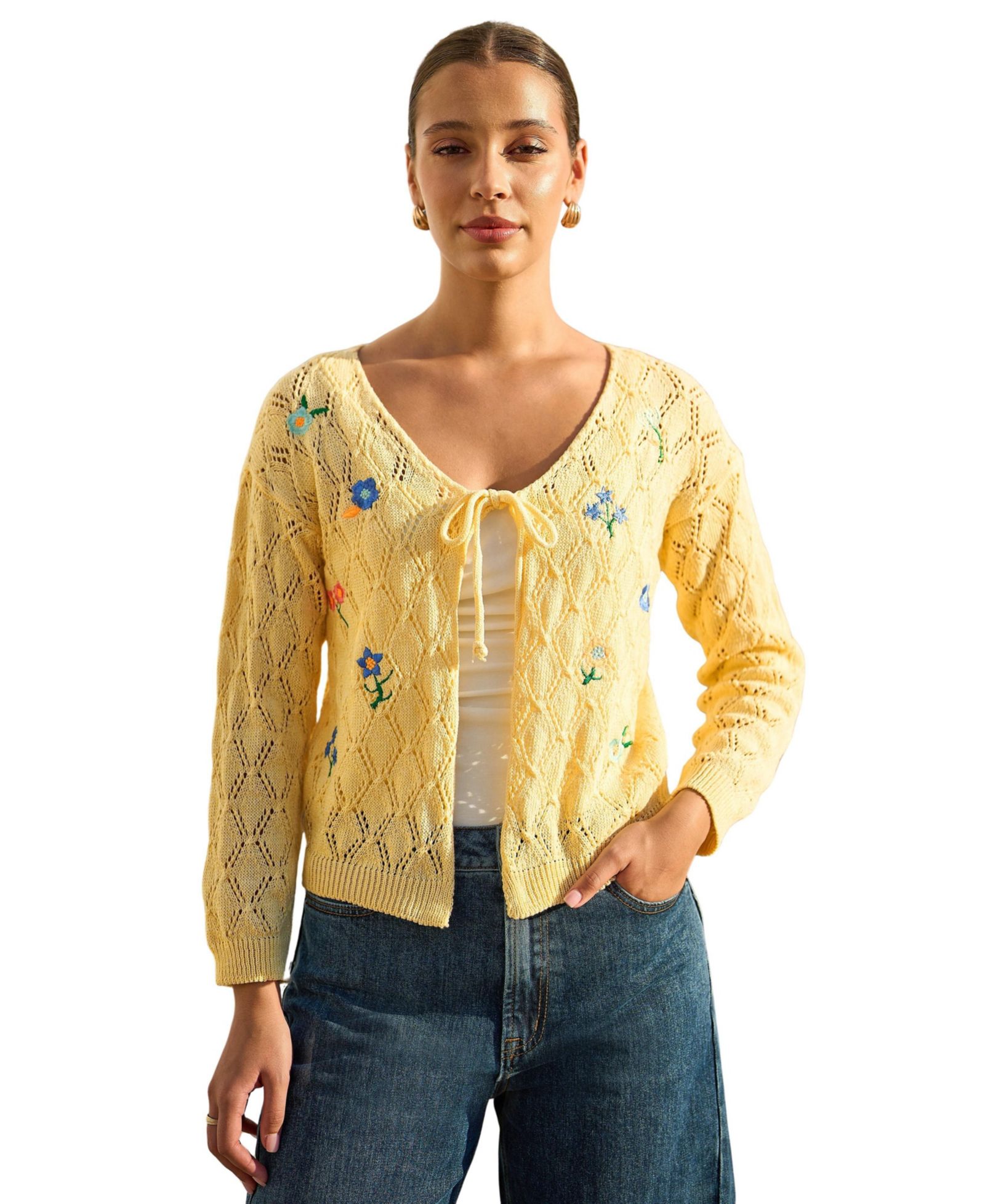 Yumi Women's Embroidered Pointelle Cardigan