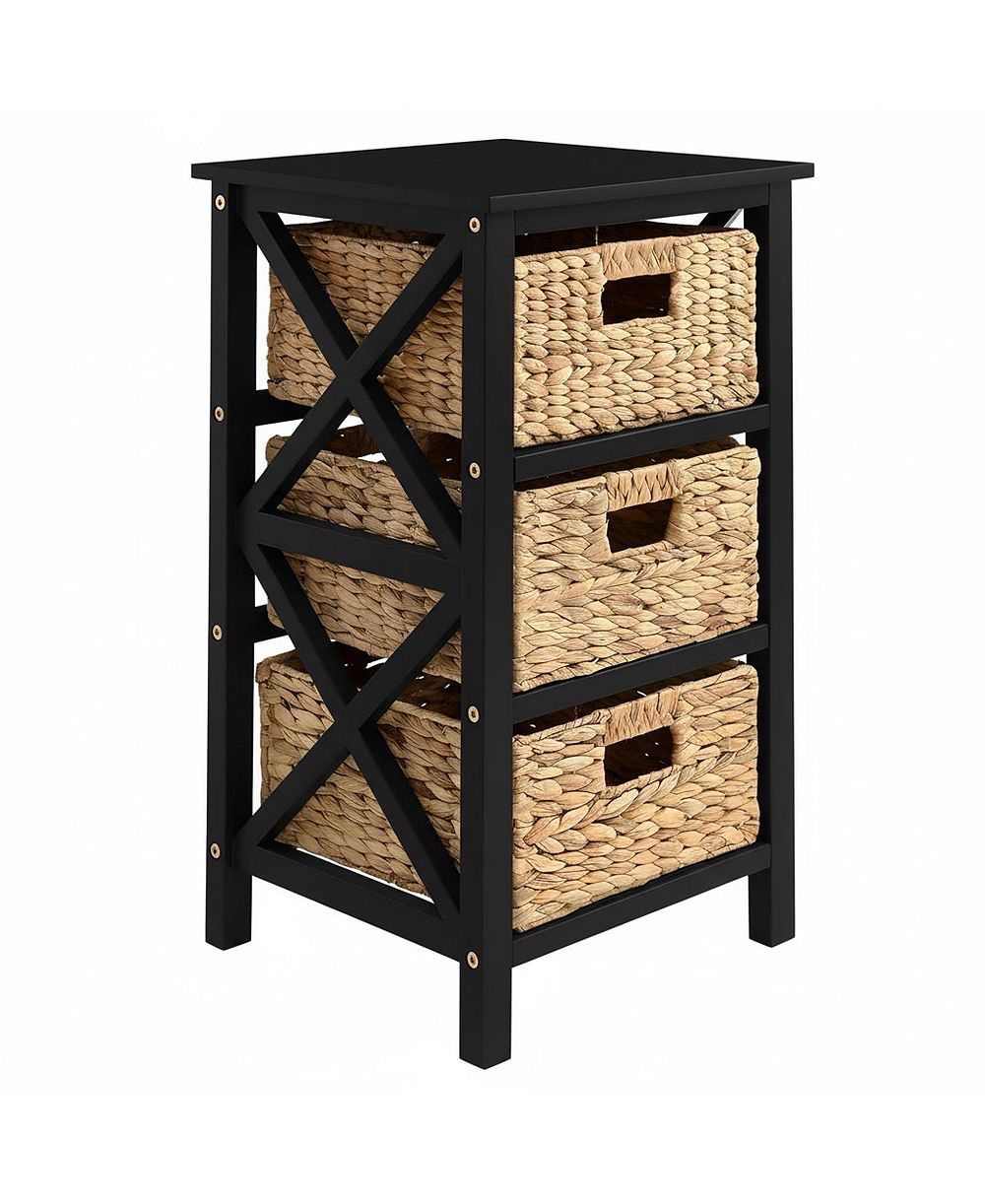YIGII 4 Tier Xside End Storage Cabinet with 4 Wicker Baskets Solid Wood Frame Collapsible Baskets Assembly Required