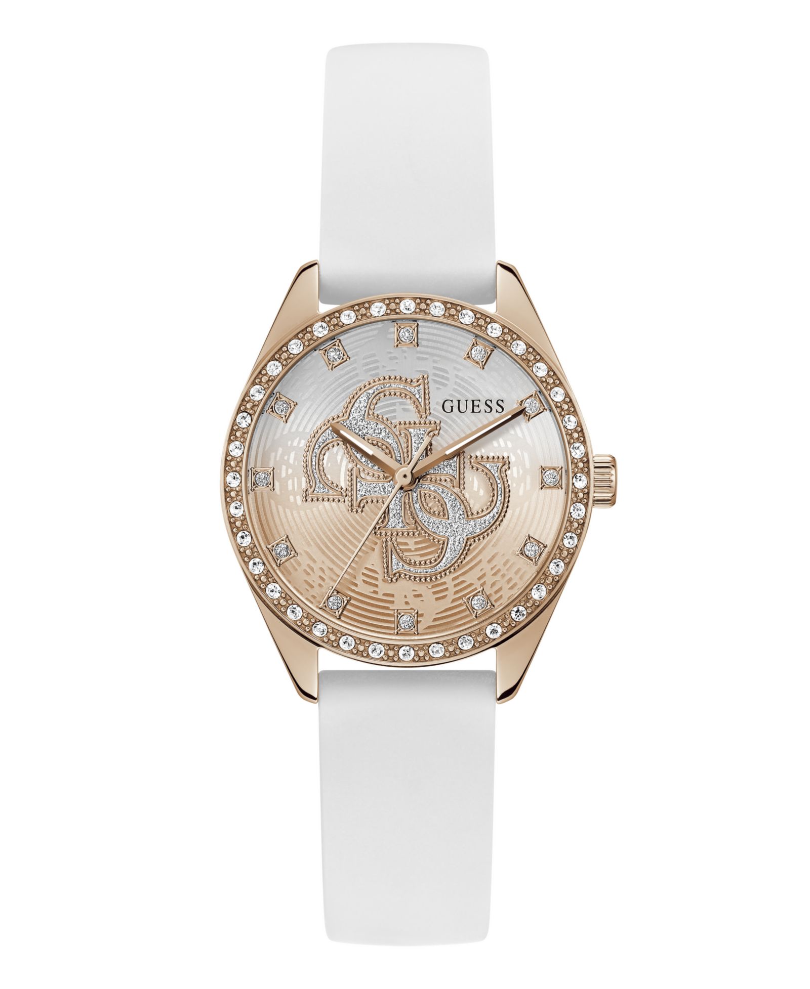 GUESS Women's Glitz Rose Gold-Tone Stainless White Pink Silicone Watch, 34mm