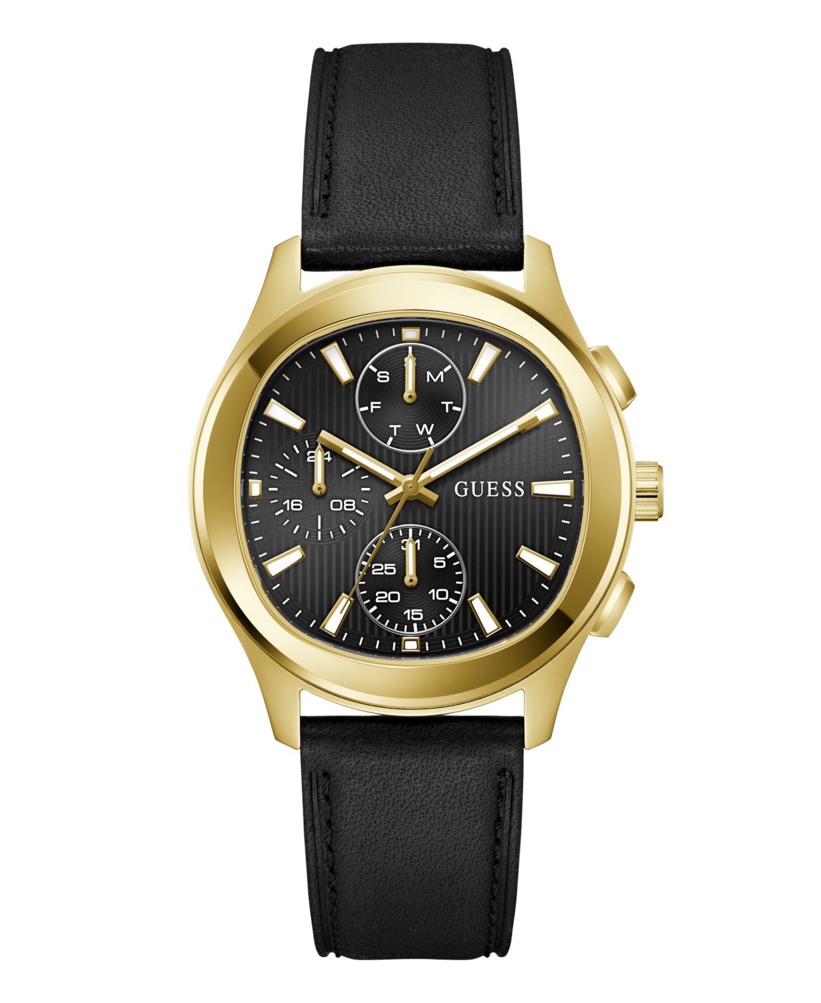 GUESS Men's Gold-Tone Stainles Steel Black Leather Multi-Function Watch, 40mm