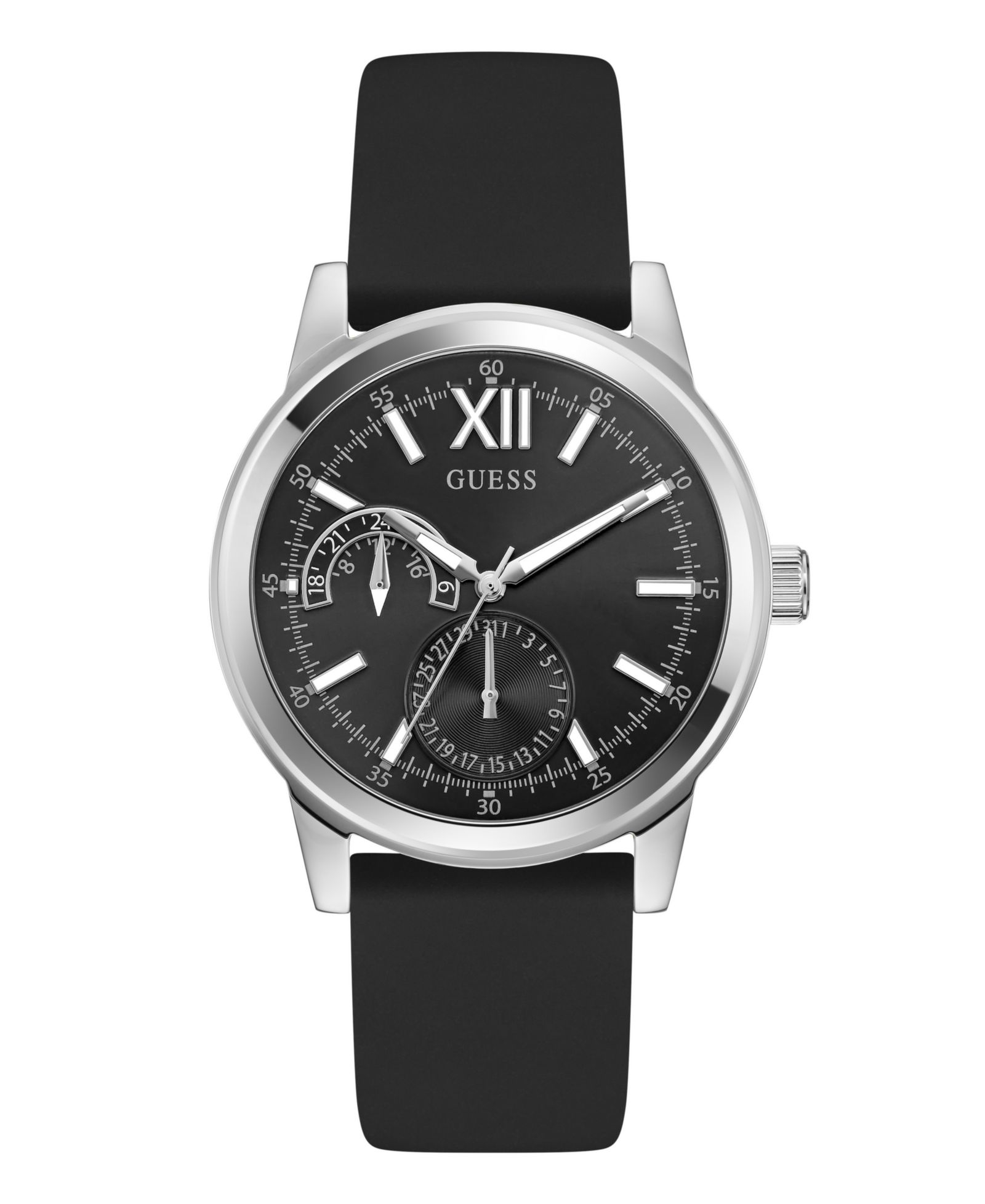 GUESS Men's Silver-Tone Stainles Steel Black Silicone Multi-Function Watch, 42mm