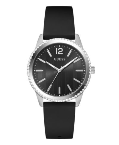 Мужские часы GUESS Silver-Tone Stainless Steel Black Silicone Analog, 40mm