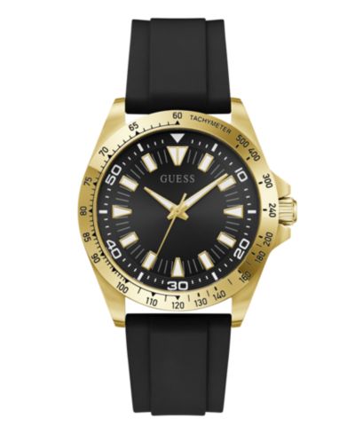 GUESS Men's Gold-Tone Stainles Steel Black Silicone Analog Watch, 42mm