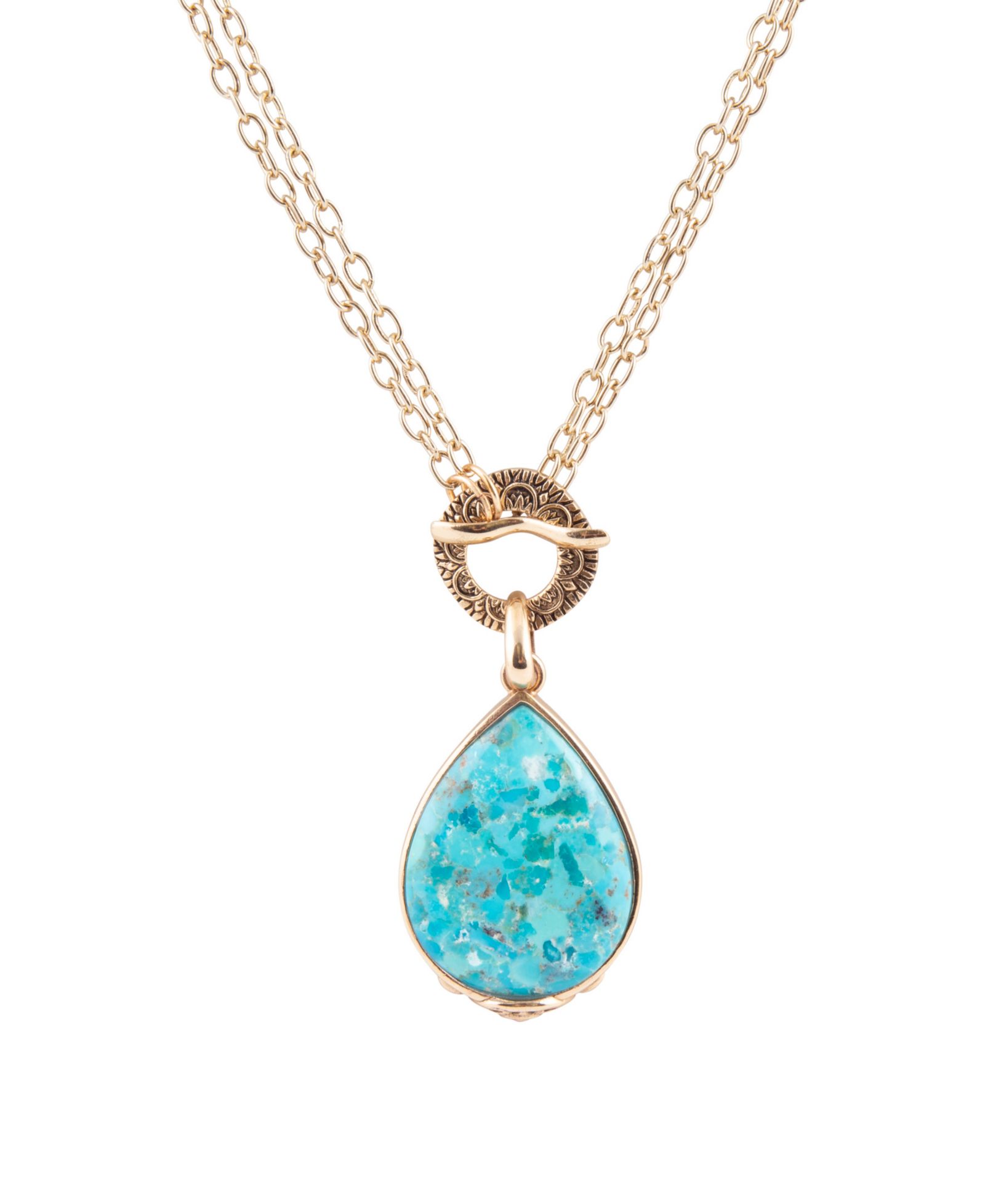 Barse Genuine Blue Turquoise Roped Golden Bronze Pendant Necklace