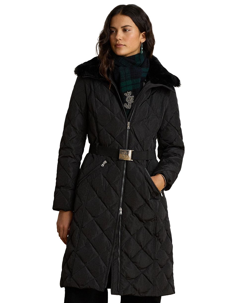 Lauren Ralph Lauren Women's Belted Quilt with Faux Fur Collar Coat