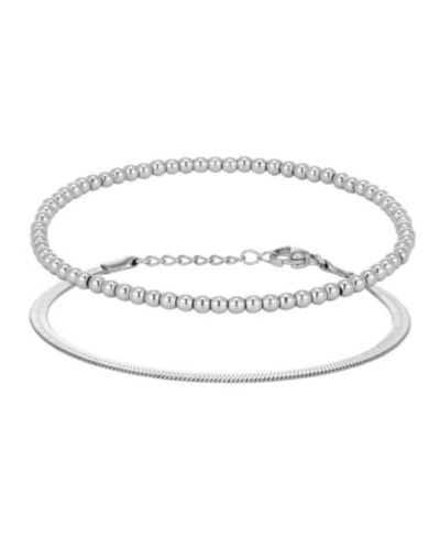 ADORNIA Tarnish Resistant Silver Herringbone and Beaded Bracelet Set