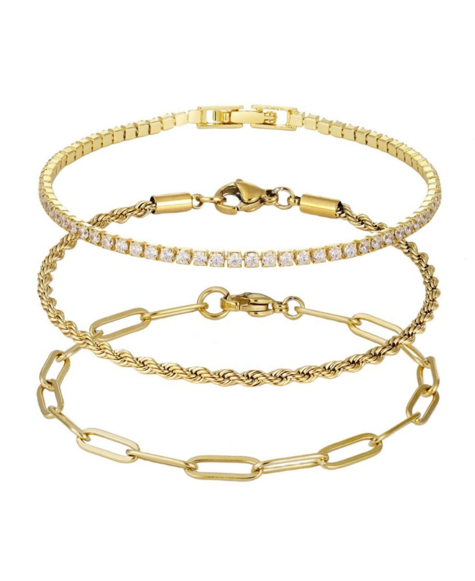 ADORNIA набор браслетов Gold Paperclip, Rope и Tennis