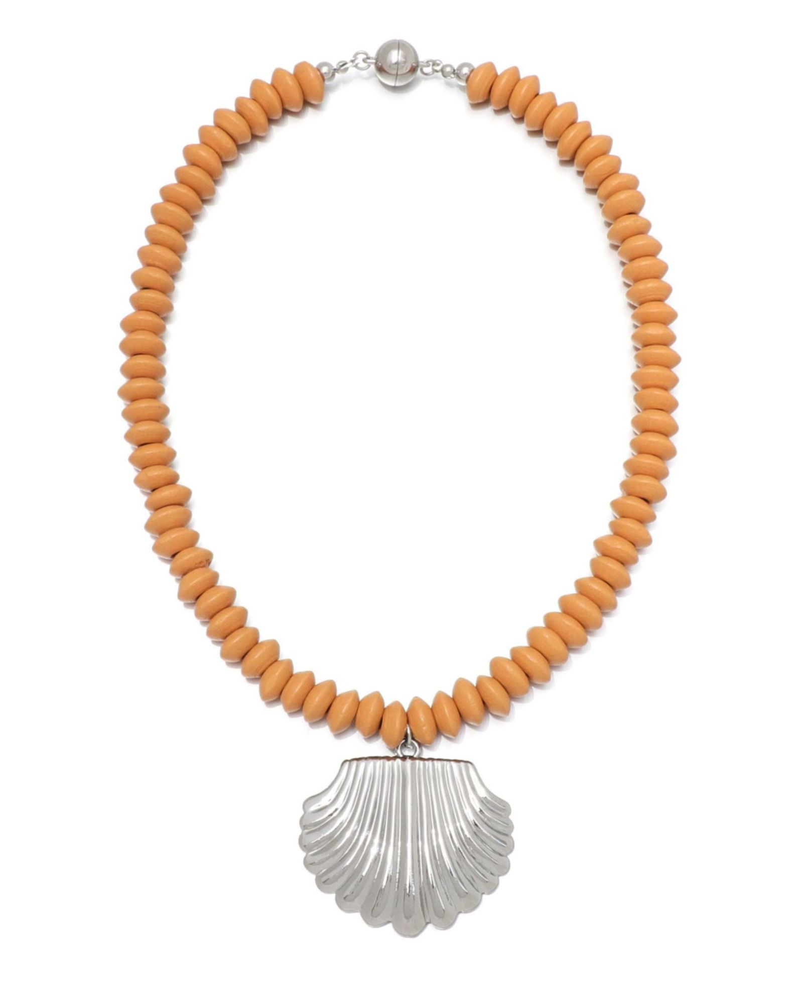 ADORNIA Silver Oversized Shell Charm on a Wood Beaded Magnetic Clasp Chain