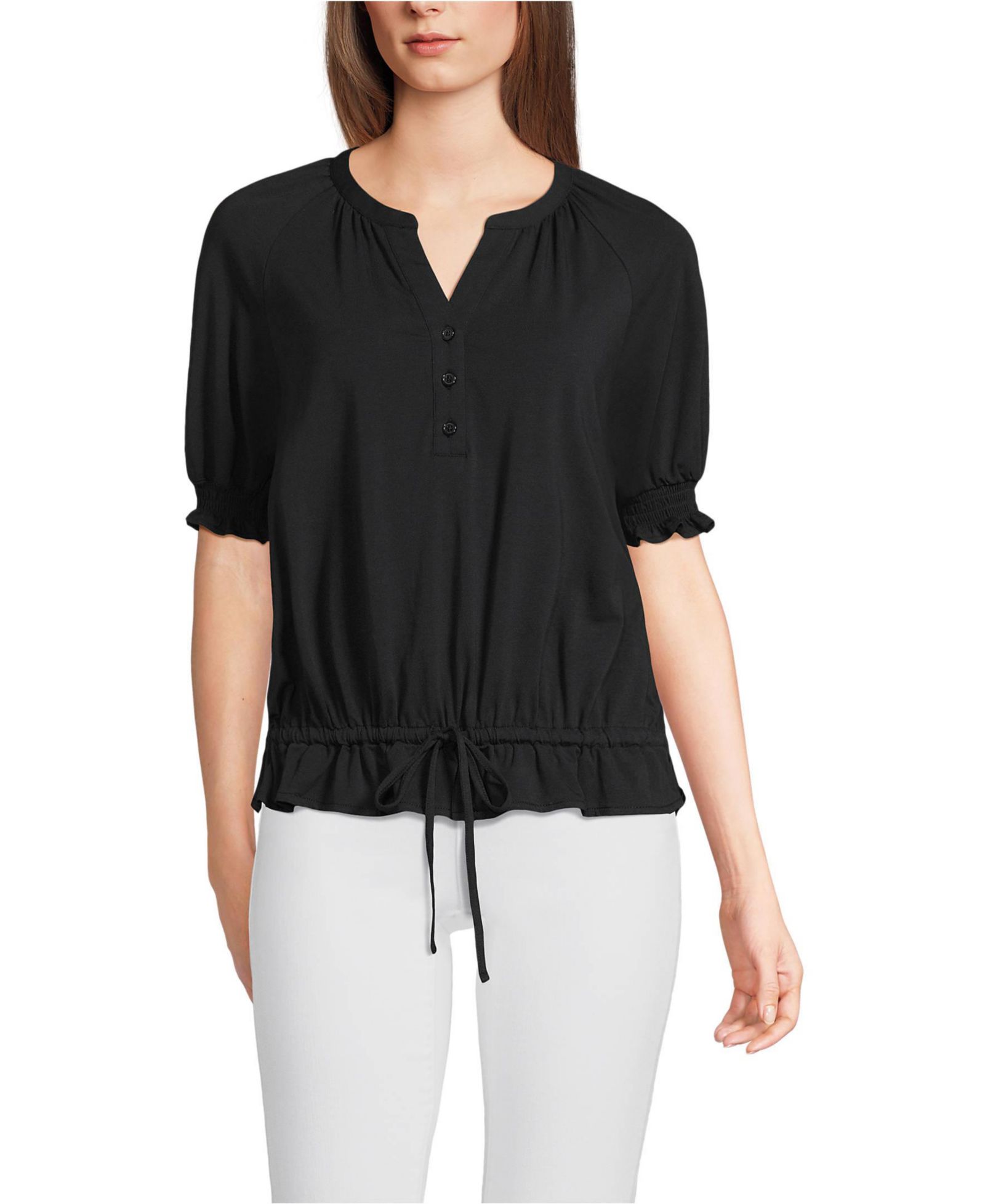 Lands' End Women's Elbow Sleeve Lightweight Jersey Gathered Adjustable Hem Blouse