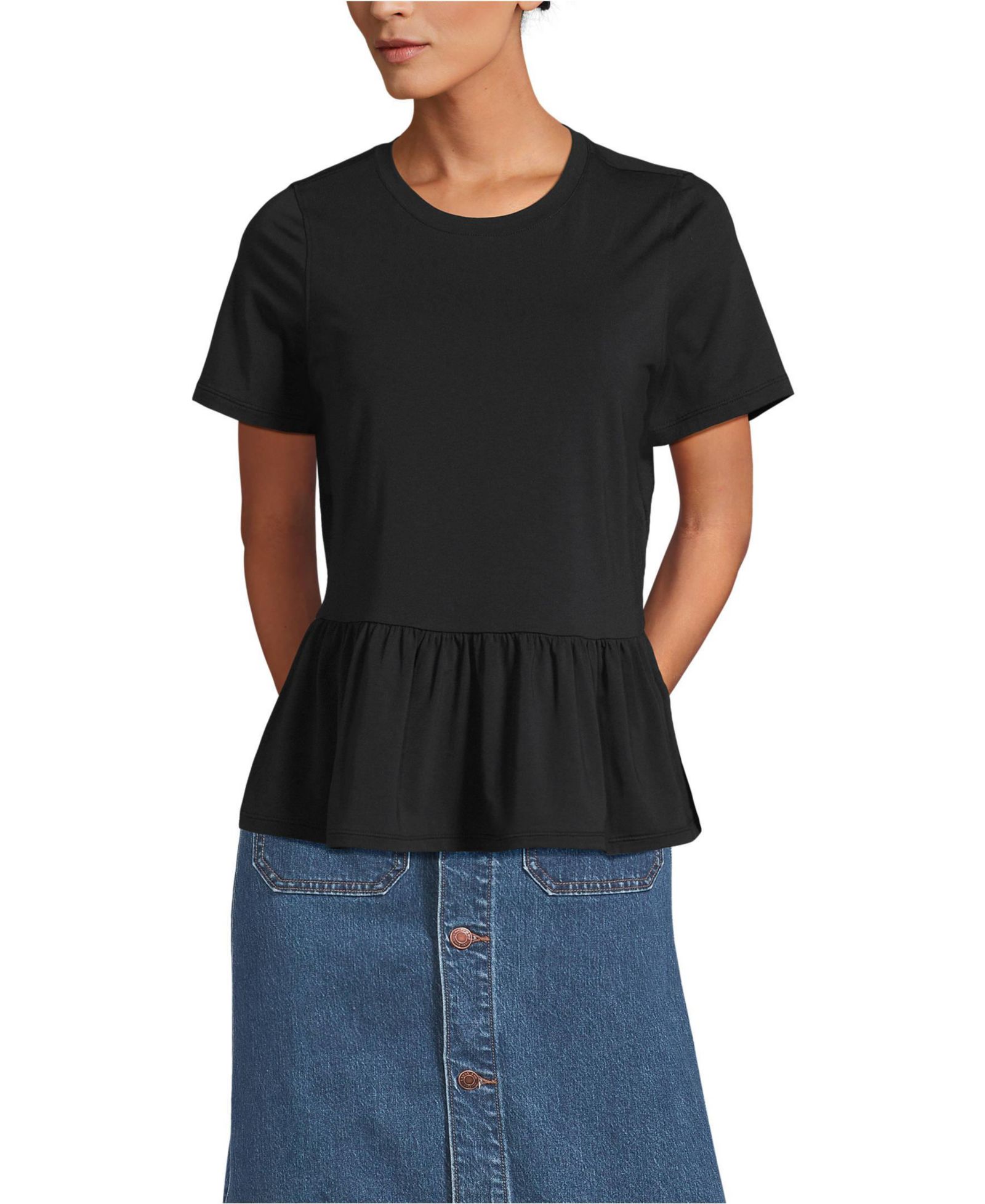 Lands' End Women's Short Sleeve Lightweight Jersey Crew Neck Peplum Tee