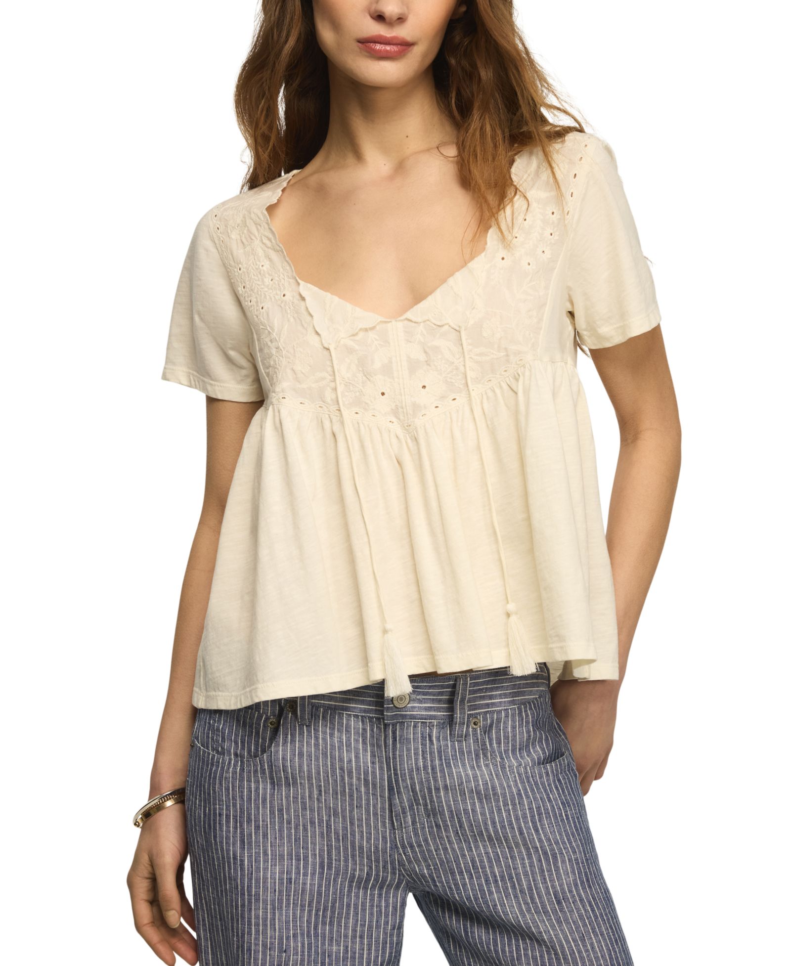 Lucky Brand Women's Short-Sleeve Embroidered Yoke Tassel Top