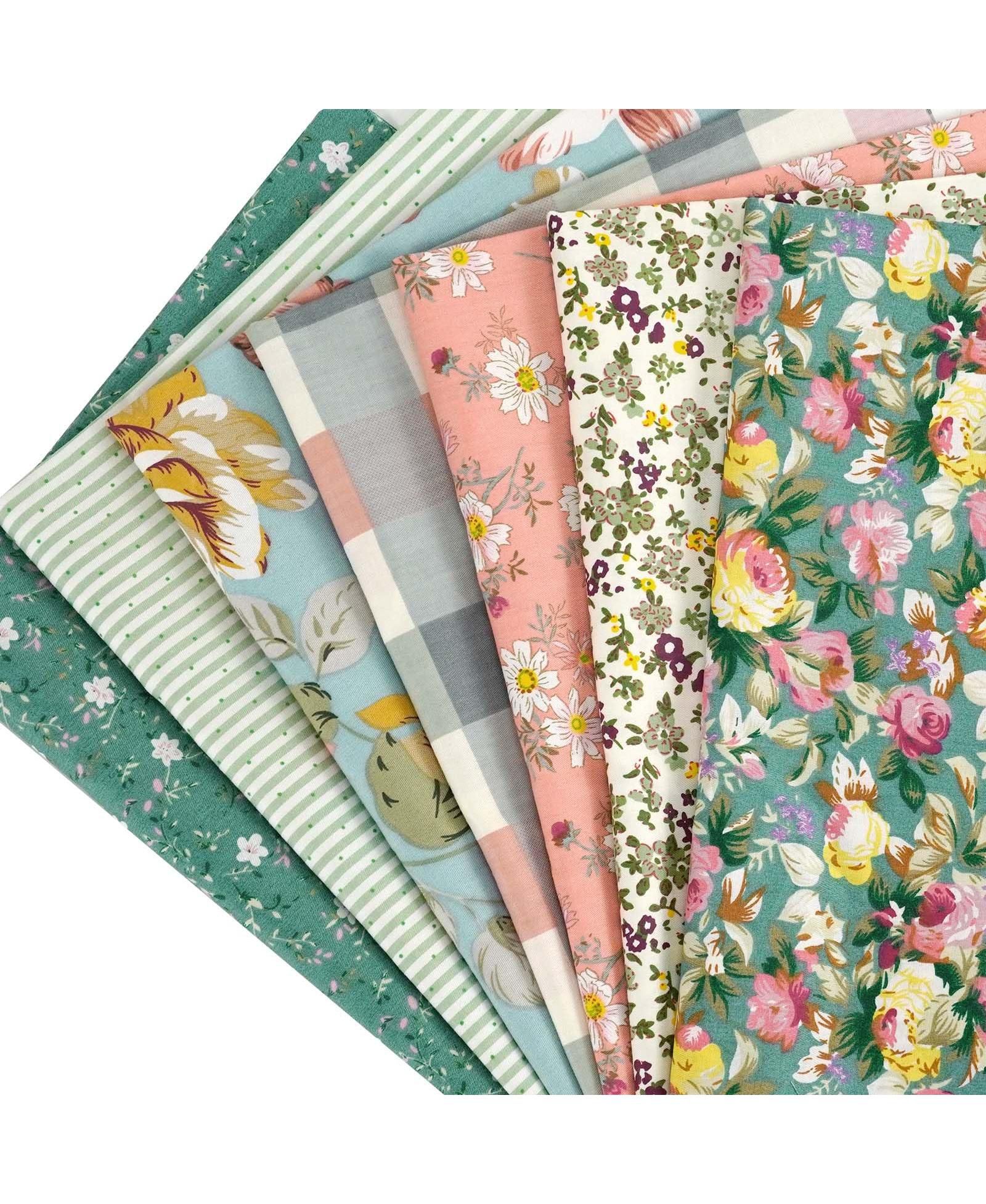 GNUADZ 7 Piece Cotton Fabric Fat Quarter Patchwork Quilting Set, Peony & Lily Print, 18" x 22