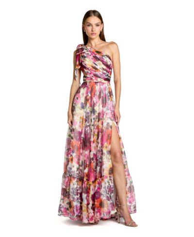 Mac Duggal Женское вечернее платье из шифона с цветочным принтом и вырезами по бокам