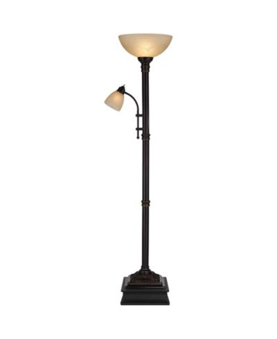 Regency Hill Garver Rustic Retro Torchiere Floor Lamp with Riser Tall Oil Rubbed Side Light Amber Glass for Living Room Reading