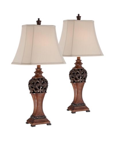 Regency Hill Exeter Traditional Table Lamps Tall Set of 2 Bronze Wood Carved Leaf with Table Top Dimmers Rectangular Shade for Living Room