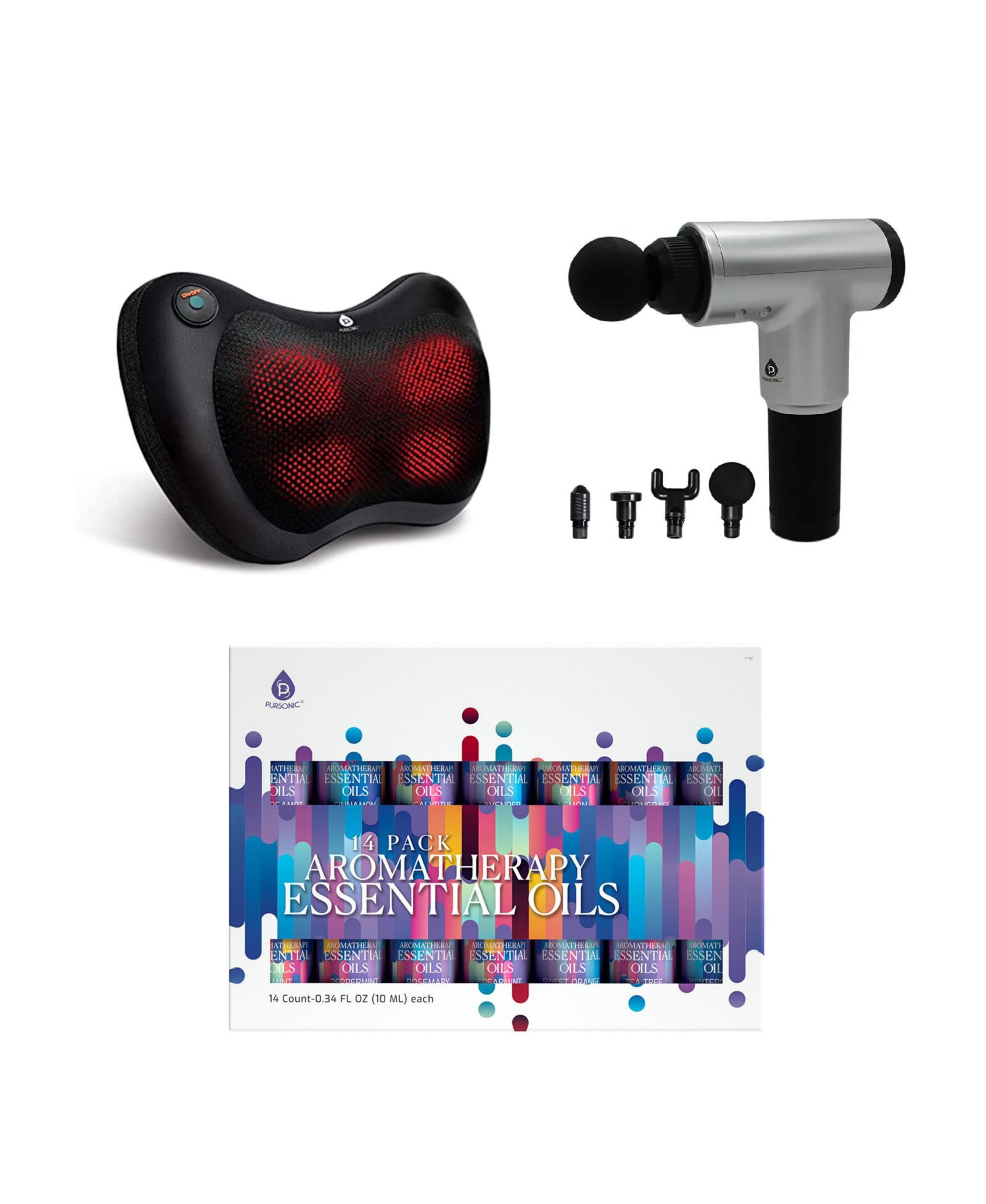 PURSONIC Ultimate Wellness Bundle: 14 Essential Oils, Shiatsu Massager and Percussion Massage Gun