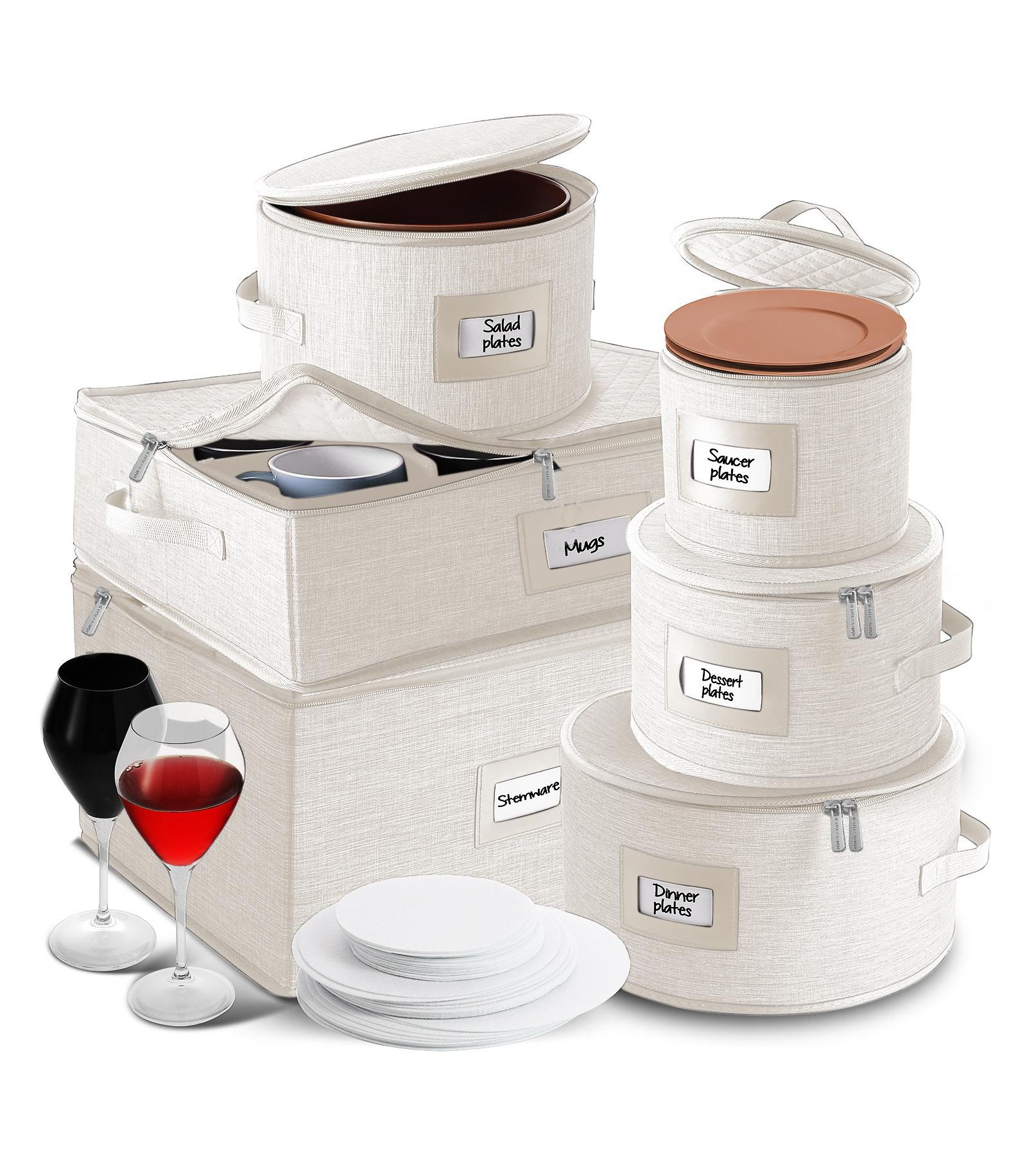 StorageBud Fine China Storage Containers,Coffee Mug Storage and Wine Glass Storage Box with Dividers, Quilted Dish Organizers