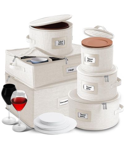 StorageBud Fine China Storage Containers,Coffee Mug Storage and Wine Glass Storage Box with Dividers, Quilted Dish Organizers