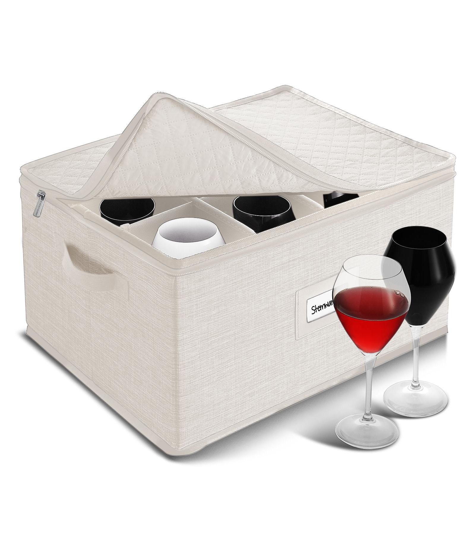 StorageBud Wine Glass Storage Box with Dividers, Quilted Stackable Stemware Case, Hard Shell China Container for 12 Glasses, Moving & Organization